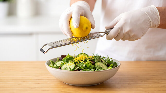 Chef hands in white gloves zesting lemon over salad in bowl close up