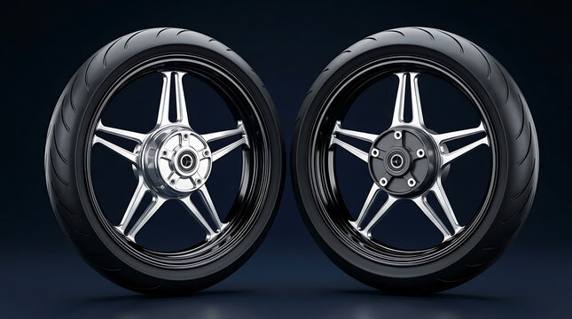 Two sleek motorcycle wheels with shiny chrome spokes displayed against a dark background, ready for assembly
