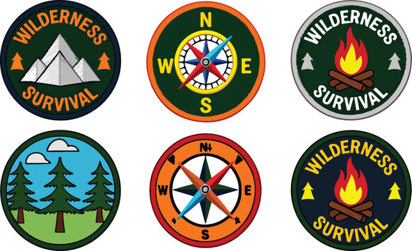 Wilderness survival collection featuring vector illustrations of compasses and outdoor scout adventure badges designed with vibrant colors and bold lines