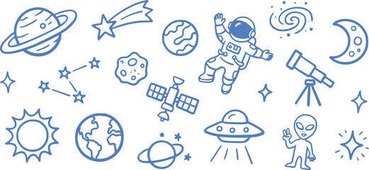 Space doodle vector set, blue galaxy icons, hand drawn astronaut and planets © Meow