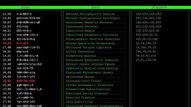 Green hacker terminal data table finder columns, status list, IP style addresses, and black cyber screen. network scan videos, surveillance scenes, threat analysis, 19 overlays, hacker edits.