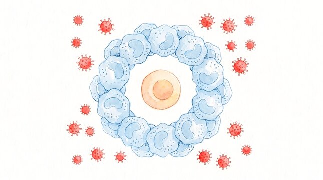 Biological Illustration of Immune Response Surrounding a Central Cellular Entity