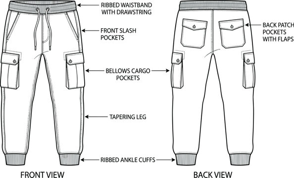 Cargo jogger pants technical fashion flat vector illustration with front and back views, labeled design details, and apparel construction elements