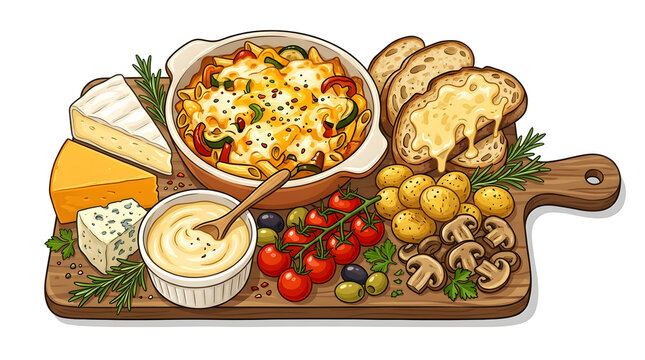 Rustic Wooden Charcuterie Board Featuring Baked Penne Casserole, Sliced Cheese, and Garlic Bread