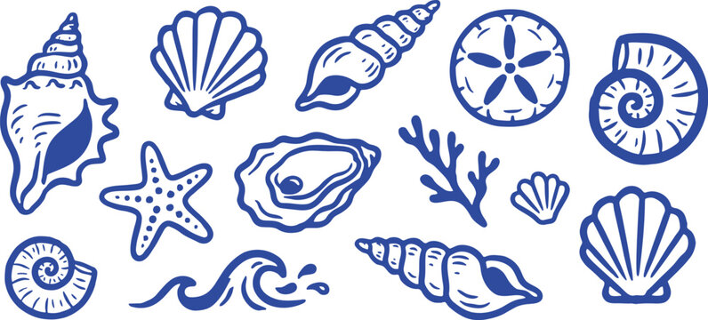 Blue seashell vector icons. Nautical hand drawn sea shell set. Ocean life art.