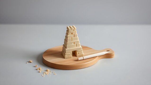 Miniature Tower of Babel clay sculpture on wooden board with shaping stick, educational craft concept