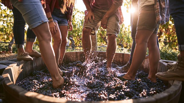 Grape Stomping Teamwork at Vineyard's Harvest Festival: Traditional Winemaking Outdoor Activity