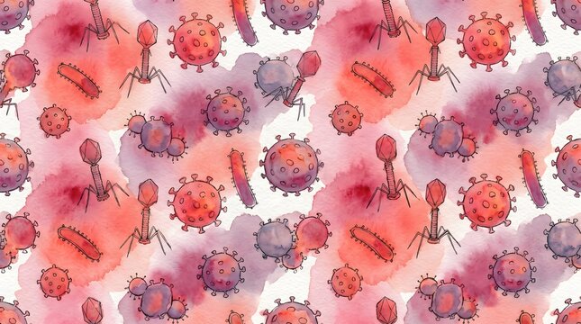 Watercolor Seamless Pattern With Bacteriophage And Virus Microorganisms