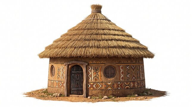 3d cartoon traditional african rondavel mud hut with thatched roof and painted tribal patterns, 3d rendering, isolated on white background