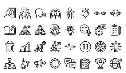 Fototapeta premium Public speaking skills and training outline icons | Communication confidence rhetoric storytelling speech coaching editable stroke collection on white