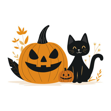 illustration of a black cat with a pumpkin for Halloween, a cartoon character, an illustration for the design of festive themed goods