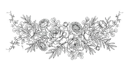 Vintage floral border vector, hand drawn peony and eucalyptus bouquet, elegant black and white botanical line art for wedding invitations © Shahzad