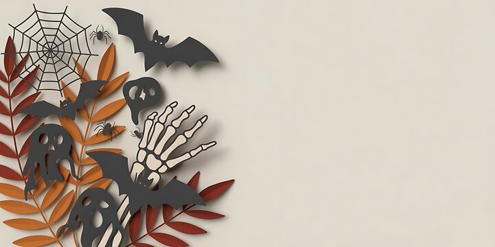 Halloween flat lay with paper skeleton hand bats ghosts and spiders on cream background, for seasonal festive, party invitation layout