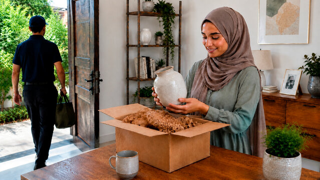 Woman in hijab opening cardboard delivery box at home. Muslim customer checking ceramic vase received from courier. Online shopping, e-commerce, home decor delivery service concept.