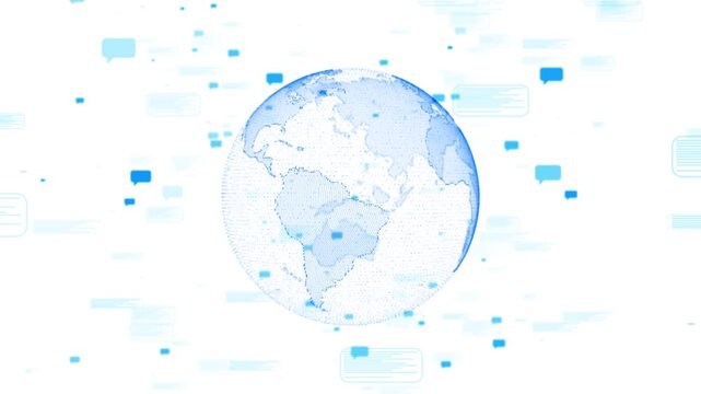 World messaging network visual dotted digital Earth, blue speech bubbles, bright communication interface. social media promos, support explainers, chat app demos, motion graphics, global contact clips