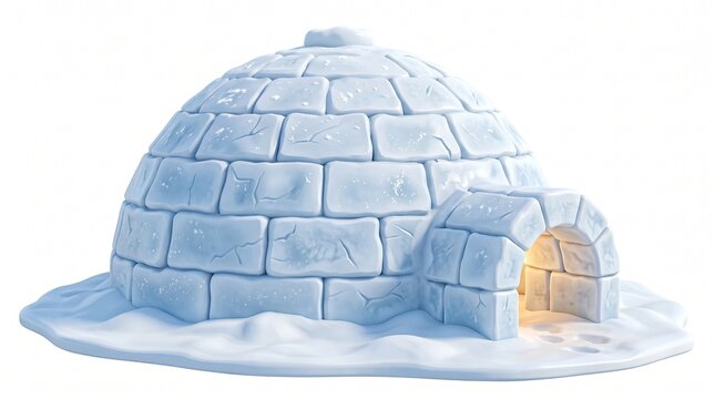3d cartoon igloo made of ice blocks with an entrance and light inside, on a snowy base, isolated on white background