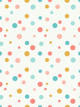 Seamless pattern featuring colorful pastel polka dots on a clean white background for textile and wallpaper design.