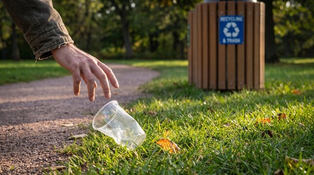 Hand littering by dropping clear plastic cup on green grass in park