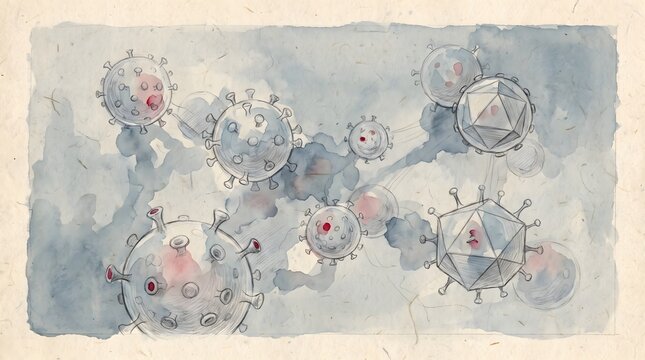 Hand Painted Watercolor Illustration of Microscopic Viral Particles and Pathogens