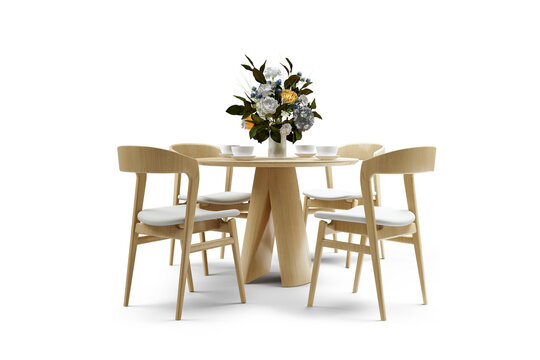 Modern dining room furniture set with floral centerpiece decoration, 3D render.