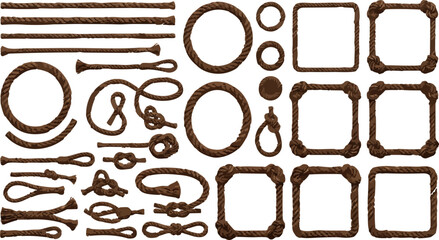 Set of black rope elements with different knots and frames isolated for nautical design projects and creative borders Vector © Lipi