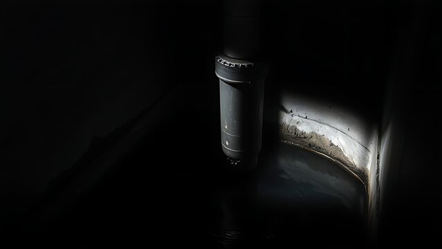 A basement sump pit with a water pump pipe in dark water, dramatic side lighting.