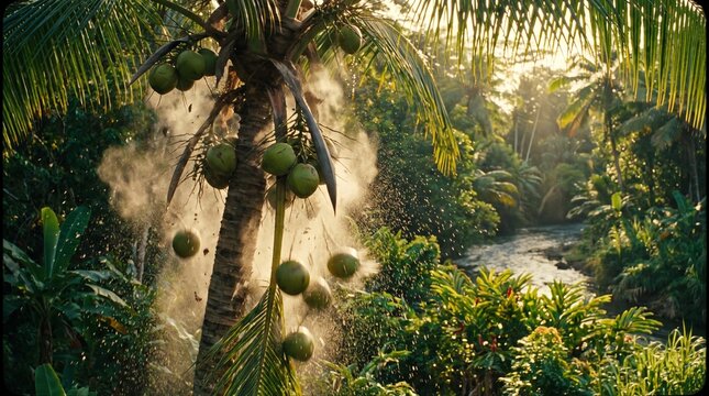 Cinematic shot of green coconuts falling from a palm tree with dust and water splashes in a tropical forest