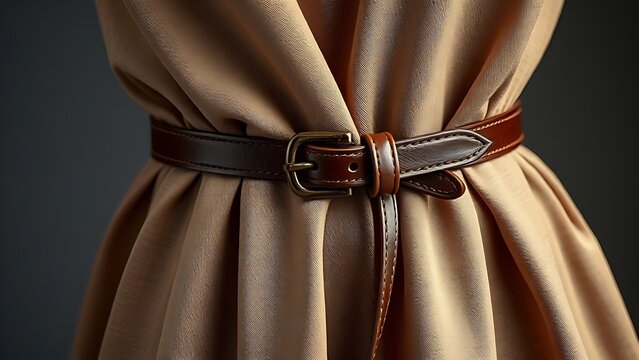 Close-up of a dress waist cinched with a delicate leather belt creating folds.