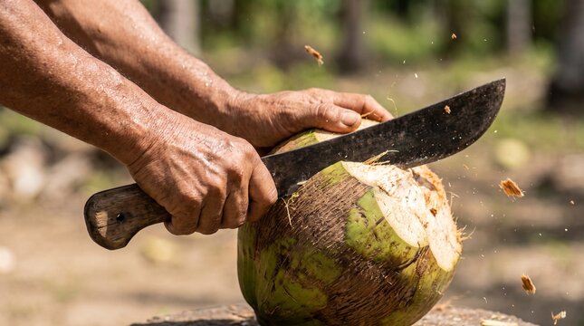 Close up of farmer peeling a fresh green coconut with a large machete outdoors