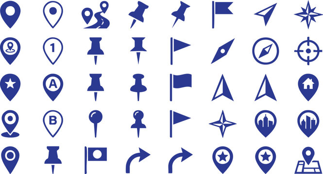 Set of blue map pins navigation pointers flags and location markers isolated icons for travel and global positioning Vector
