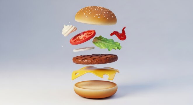 Exploded Burger Ingredients Floating Mid-Air