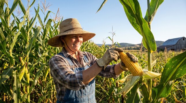 Happy female farmer wearing gloves and a straw hat harvesting corn with a barn in the background