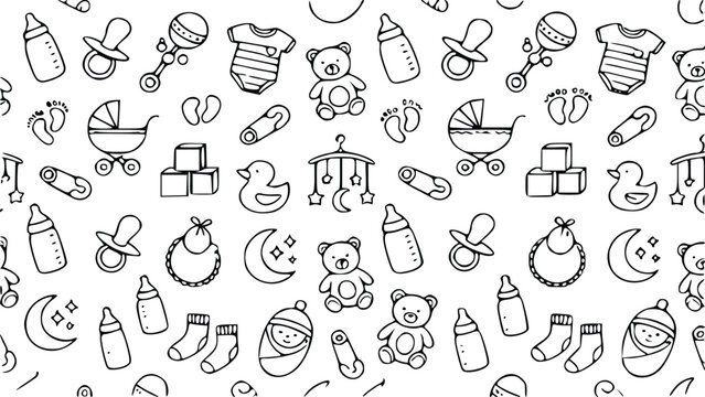 Seamless pattern with cute baby items toys and newborn accessories drawn in a simple hand sketch style for nursery design and textile background