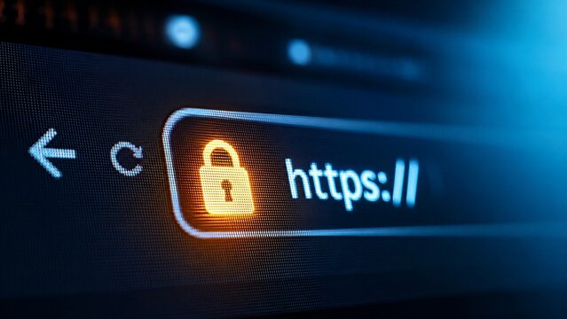 Close-up view of a web browser address bar displaying an orange padlock icon next to the https protocol for secure internet browsing and data encryption.