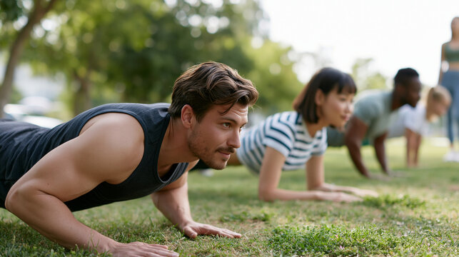 Early morning exercisers perform push-ups in a public park during a positive community fitness event, outdoor fitness, obstacle course, strength training, endurance, teamwork, active