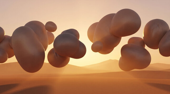 Abstract floating stone monoliths over a sunset desert landscape