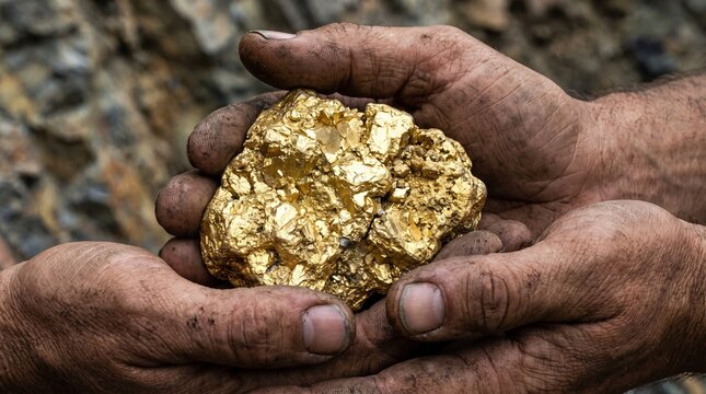 Close-up of a miner's dirty hands holding a large raw gold nugget