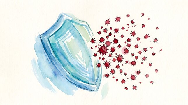 Watercolor Illustration Showing a Protective Shield Blocking Viral Pathogens