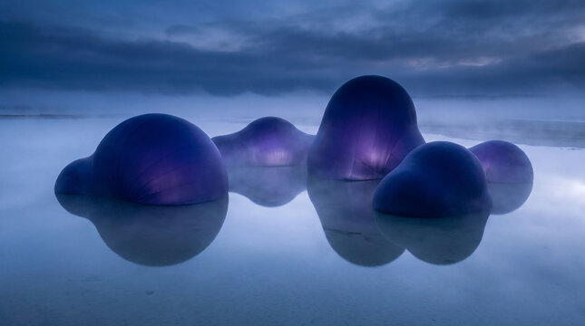 Glowing purple abstract sculptures in a calm misty landscape