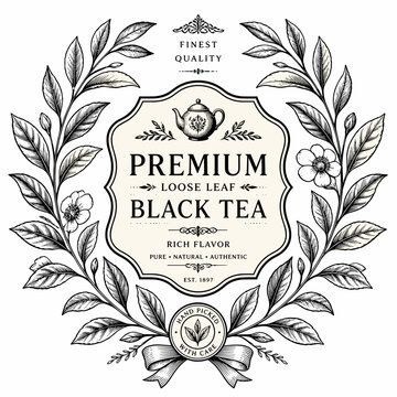 Hand drawn vintage black tea label frame with leaves and teapot design
