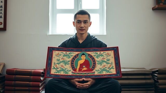 Seated figure in dark robes holding thangka scroll with Buddha image against whitewashed wall