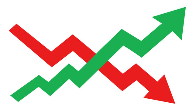 Clean flat vector illustration comparing green rising and red falling arrows for stock market trends, financial analysis, investment performance, economic volatility, profit potential, and business