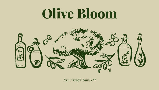 Vintage sketch olive set. Extra virgin, farm product, Mediterranean cuisine, cosmetic, organic farm, packaging label. Engraved hand drawn vector illustration.