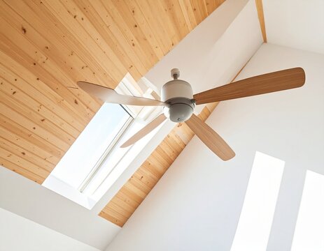 Contemporary residential interior featuring vaulted wood ceiling and skylight

