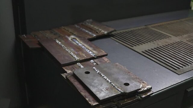 Weld samples on steel plates after work. Demonstration of welding quality and practical training results.