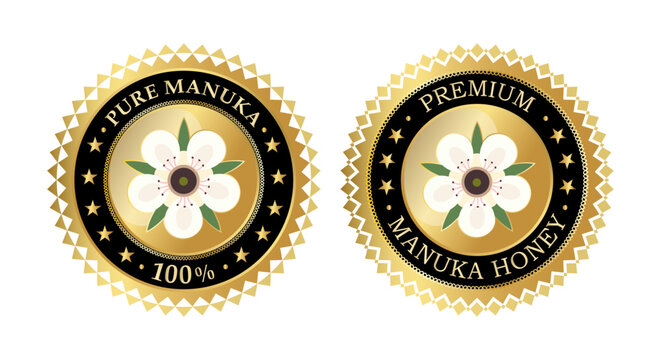 Premium manuka honey gold stickers vector set, organic quality guarantee seals with flower design and geometric edge