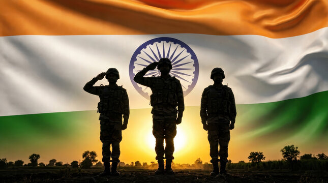 Powerful India Independence Day illustration featuring three brave military soldiers saluting before the Indian national flag at sunrise, symbolizing honor, sacrifice, courage, unity and nationalpride