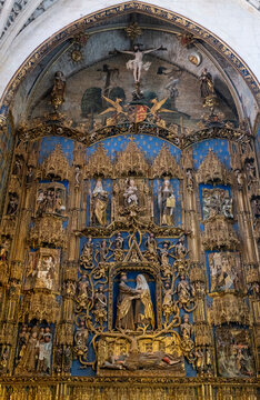 Ornate gilded altarpiece inside Burgos Cathedral, Spain