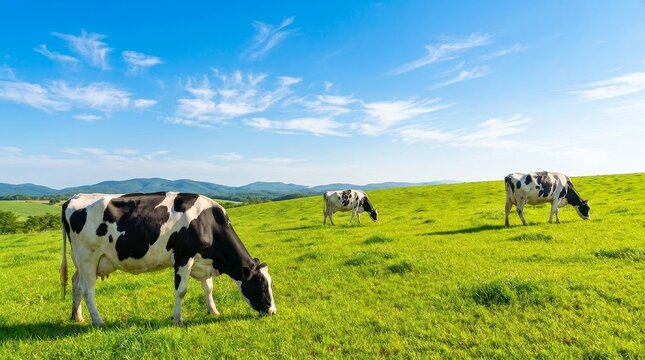 Dairy Cows Grazing on Lush Green Pasture Under Blue Sky