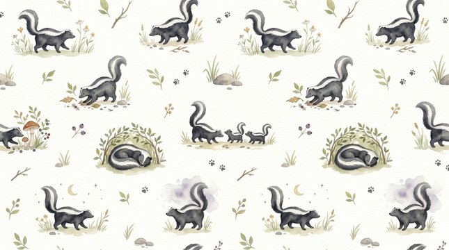 Adorable woodland skunk family vector pattern with autumn leaves, acorns, and mushrooms for baby shower invitation backgrounds and kids clothing. Sweet nursery watercolor pattern with cute skunks